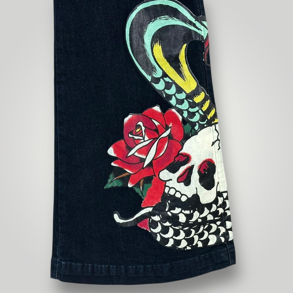 NEW Ed Hardy Jeans Skull Rose Women Size 32 Dark Wash Slim Flare Graphic Stretch - Picture 3 of 11